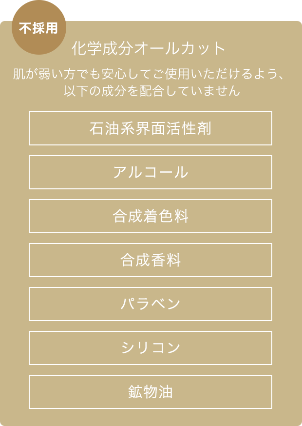 石油系界面活性剤　アルコール　合成着色料　合成香料　パラベン　シリコン　鉱物油